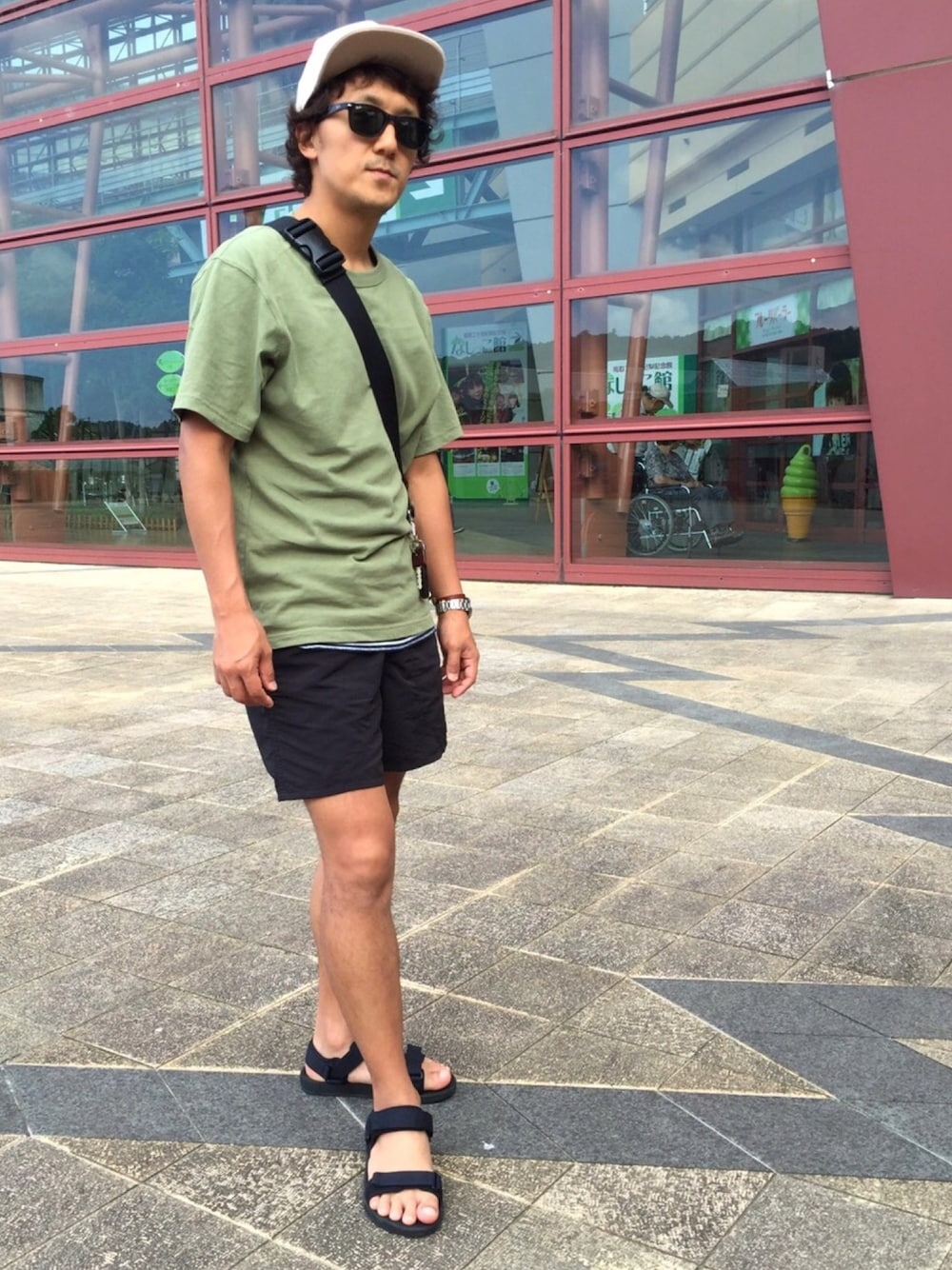 「夏、ラフ、Tシャツ、ユニクロ、uu、patagonia、アディダス、スポーツサンダル、カーキ、シンプル」｜「UUのアイテム（Tシャツ/カットソー、グリーン系）」を使った、yosukeさん（メンズ・171cm）の夏コーディネートの1枚目の写真