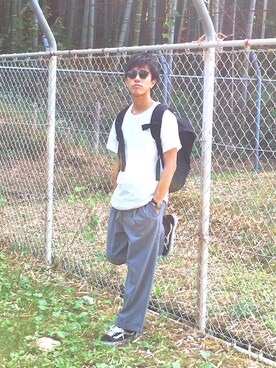 「Manhattan Portage（マンハッタンポーテージ）のHiker Backpack JR（バックパック/リュック、ブラック系）」を使った、GANDEN SUZUさん（メンズ・172cm）の夏コーディネート