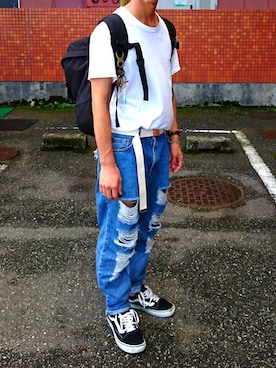 「VANS（バンズ）のVANS ヴァンズ OLD SKOOL DX オールドスクール DX V36CL+ BLACK（スニーカー、ブラック系）」を使った、GANDEN SUZUさん（メンズ・172cm）の夏コーディネート