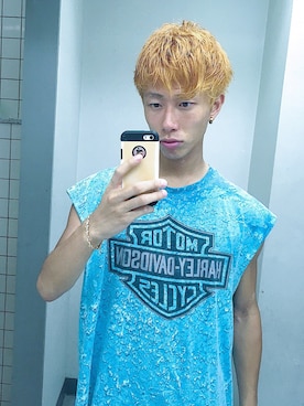 「Harley-Davidson（ハーレーダビッドソン）のアイテム（Tシャツ/カットソー、ブルー系）」を使った、GANDEN SUZUさん（メンズ・172cm）の夏コーディネート