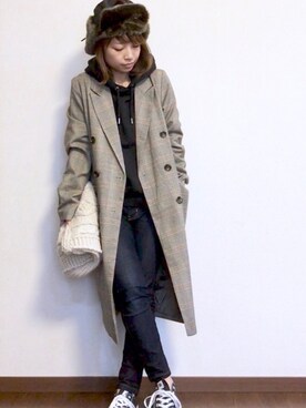 「ロングジャケット」｜「アイテム（キャップ）」を使った、ayuMi◡̈さん（レディース・152cm）の秋コーディネート