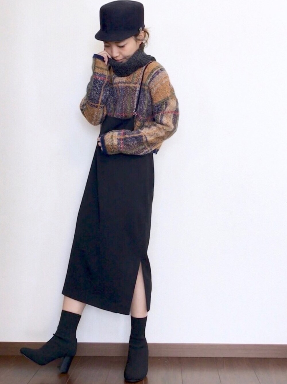 「大人カジュアル、秋のコーデ、冬コーデ、タートルネック、ニット、KBF、ソックス➕ブーツ、ショートブーツ、低身長、おしゃれさんと繋がりたい」｜「KBFのKBF　シャギーチェックタートルニット（ニット/セーター、ブルー系）」を使った、ayuMi◡̈さん（レディース・152cm）の秋コーディネートの1枚目の写真