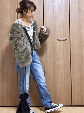 「ハイウエストストレートジーンズ」｜「アイテム（ノーカラージャケット）」を使った、ayuMi◡̈さん（レディース・152cm）の冬コーディネート