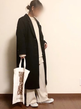 「リブニットパンツ」｜「アイテム（チェスターコート）」を使った、ayuMi◡̈さん（レディース・152cm）の冬コーディネート