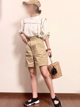 「アイテム（かごバッグ）」を使った、ayuMi◡̈さん（レディース・152cm）の春コーディネート