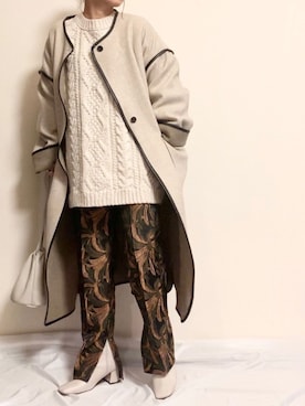 「ケーブルニット」｜「アイテム（ノーカラーコート）」を使った、ayuMi◡̈さん（レディース・152cm）の冬コーディネート