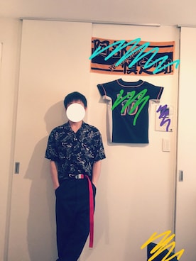 「RAGEBLUE（レイジブルー）のリーフ柄オープンカラーシャツ/761147（シャツ/ブラウス、ブラック系）」を使った、石川五右衛門さん（メンズ・167cm）の夏コーディネート