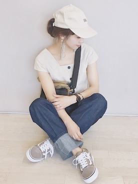 「one after another NICE CLAUP（ワンアフターアナザーナイスクラップ）のアイテム（デニムパンツ）」を使った、陽さん（レディース・156cm）の夏コーディネート