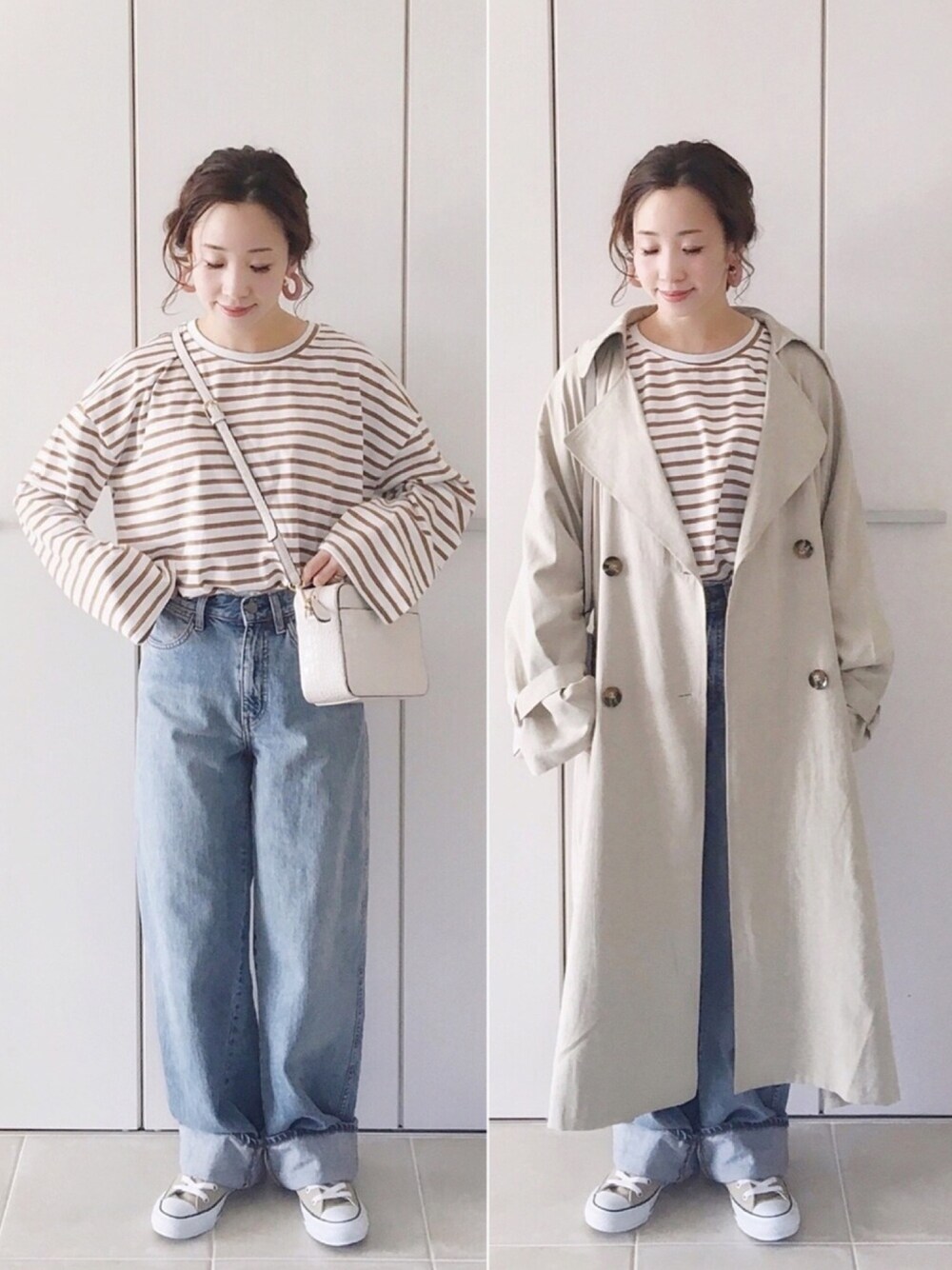 ブラウン系のTシャツ/カットソー、グリーン系のトレンチコート、ブルー系のデニムパンツを着用したレディースの冬コーディネートの1枚目の写真