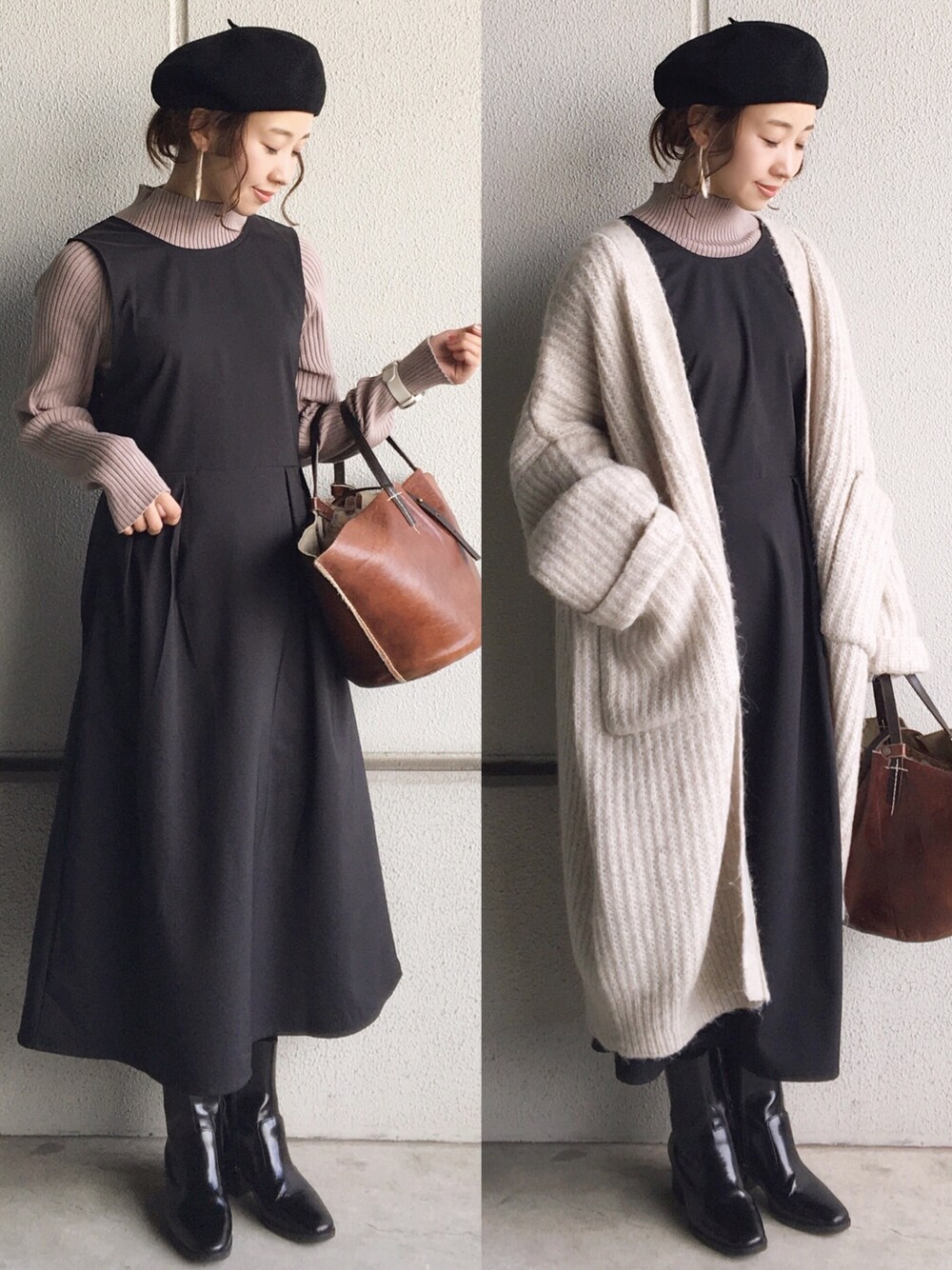 ブラック系のワンピース、ブラウン系のニット/セーター、ホワイト系のスウェットを着用したレディースの冬コーディネートの1枚目の写真