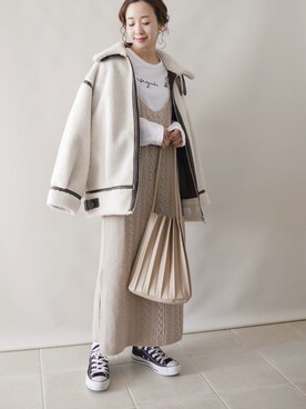 「ケーブルニット」｜「アイテム（ムートンコート）」を使った、陽さん（レディース・156cm）の冬コーディネート