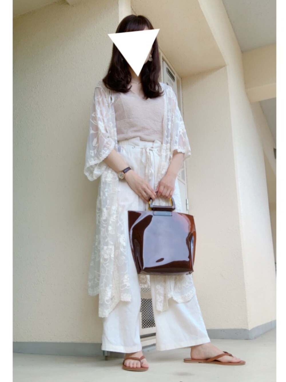 「ラクチンコーデ、しまむら、刺繍ガウン、ハニーズ、ダイソー」｜「Honeysのアイテム（ハンドバッグ、ブラウン系）」を使った、まるちゃんさん（レディース・152cm）の春コーディネートの1枚目の写真