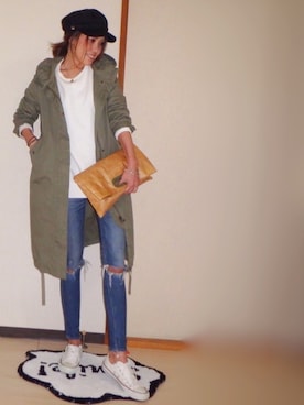 「GUコーデ」｜「アイテム（モッズコート）」を使った、Reiさん（レディース・156cm）の春コーディネート