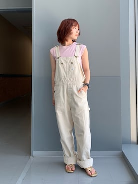 「アイテム（サロペット/オーバーオール、ホワイト系）」を使った、misakiさん（レディース・155cm）の夏コーディネート