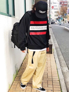 kutir_menさんの「RED LINE LOGO SWEAT / 配色ロゴ裏毛プルオーバー トレーナー」を使ったコーディネート