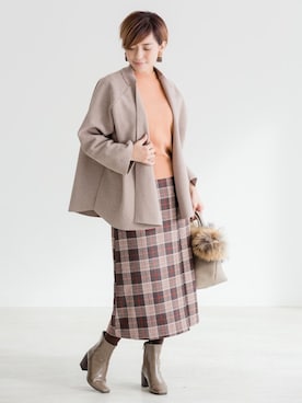 「ZAKKA-BOX（ザッカボックス）のアイテム（ノーカラージャケット）」を使った、ZAKKA-BOX officialさん（レディース・160cm）の冬コーディネート