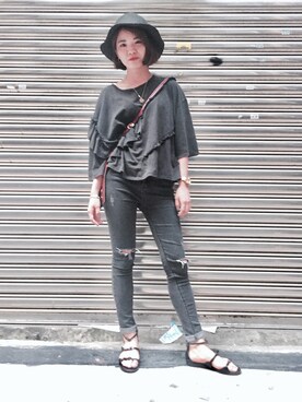 「5（ファイブ）のアイテム（帽子）」を使った、Gigi155cm さん（レディース・155cm）の夏コーディネート