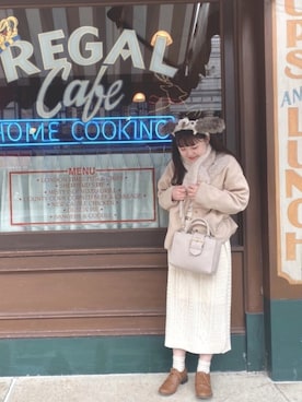 「USJ」｜「アイテム（ノーカラージャケット）」を使った、ニシザワ◎さん（レディース・156cm）の冬コーディネート