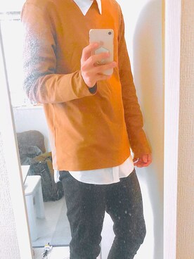 「GU（ジーユー）のアイテム（Sweatshirt、オレンジ系）」を使った、ろやさんさん（メンズ・169cm）の秋コーディネート