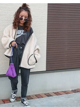「ハイウエストパンツ」｜「アイテム（ブルゾン）」を使った、amoriaさん（レディース・152cm）の秋コーディネート
