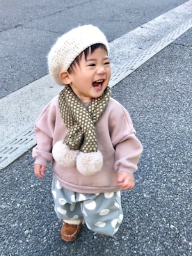 「くすみピンク」｜「アイテム（ハンチング/ベレー帽）」を使った、yuyuさん（キッズ・80cm）の秋コーディネート