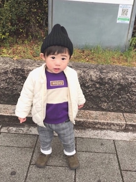 「タータンチェック」｜「アイテム（ニットキャップ/ビーニー）」を使った、yuyuさん（キッズ・80cm）の春コーディネート