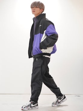 「QT8（キューティーエイト）のQT8／オールドトラックジャケット　2922147（ブルゾン、パープル系）」を使った、せっきーさん（メンズ・174cm）の冬コーディネート