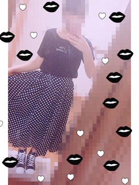 「SPINNS（スピンズ）のドット柄ロングスカート（スカート、ブラック系）」を使った、nne☺︎︎さん（レディース・160cm）の夏コーディネート