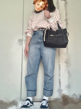 「apres jour（アプレジュール）の袖ボリュームボーダーＴ【ZOZOTOWN限定アイテム】（Tシャツ/カットソー、ピンク系）」を使った、nne☺︎︎さん（レディース・160cm）の春コーディネート