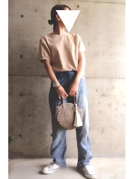 「UNIQLO（ユニクロ）のワッフルクルーネックT（5分袖）（Tシャツ/カットソー）」を使った、ﾐ_saki ‪さん（レディース・163cm）の夏コーディネート