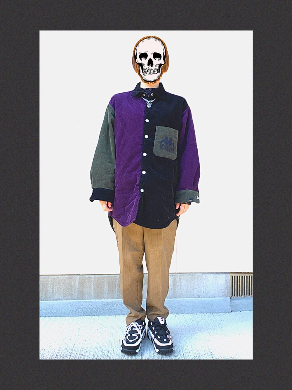 「ootd、秋コーデ、休日スタイル、wearhalloween2020、オーバーサイズ、メンズライク、GU、ラフコーデ、カジュアル、ストリート」｜「FILAのFILA フィラ FILA BARRICADEXT 97 LOW F04820014 BLK/WHT/FRED（スニーカー、ブラック系）」を使った、SKNYさん（レディース・158cm）の秋コーディネートの1枚目の写真