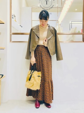 「Te chichi TERRASSE（テチチテラス）のアイテム（ライダースジャケット）」を使った、yoshikaさん（レディース・155cm）の秋コーディネート