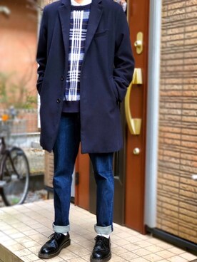 「zozoデニム」｜「アイテム（チェスターコート）」を使った、クマさん（メンズ・178cm）の冬コーディネート