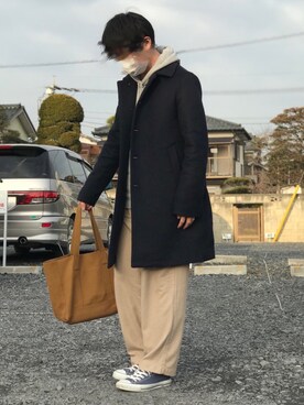 「417 EDIFICE（フォーワンセブンエディフィス）のアイテム（ステンカラーコート）」を使った、鈴吉さん（メンズ・169cm）の冬コーディネート