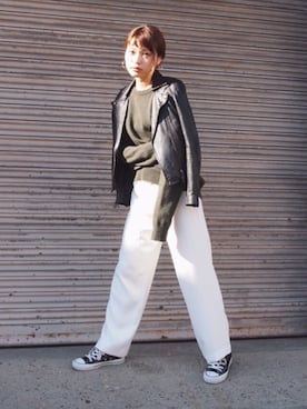「STUDIOUS（ステュディオス）のアイテム（ライダースジャケット）」を使った、三橋栄香さん（レディース・155cm）の冬コーディネート