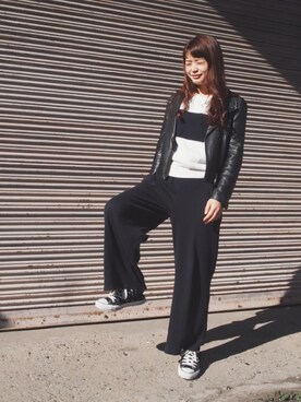 「STUDIOUS（ステュディオス）のアイテム（ライダースジャケット）」を使った、三橋栄香さん（レディース・155cm）の冬コーディネート
