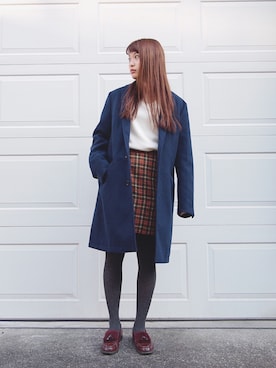 「NANO universe（ナノユニバース）のアイテム（チェスターコート）」を使った、三橋栄香さん（レディース・155cm）の冬コーディネート