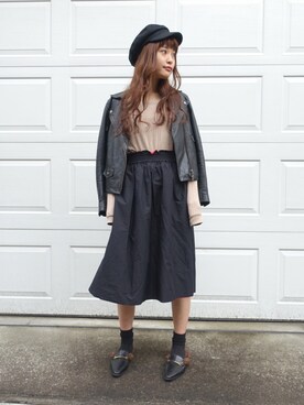 「STUDIOUS（ステュディオス）のアイテム（ライダースジャケット）」を使った、三橋栄香さん（レディース・155cm）の春コーディネート