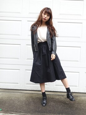 「STUDIOUS（ステュディオス）のアイテム（ライダースジャケット）」を使った、三橋栄香さん（レディース・155cm）の春コーディネート