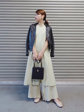 「STUDIOUS（ステュディオス）のアイテム（ライダースジャケット）」を使った、三橋栄香さん（レディース・155cm）の春コーディネート