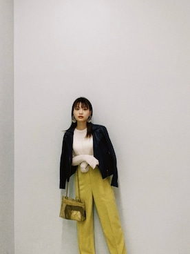 「STUDIOUS（ステュディオス）のアイテム（ライダースジャケット）」を使った、三橋栄香さん（レディース・155cm）の秋コーディネート