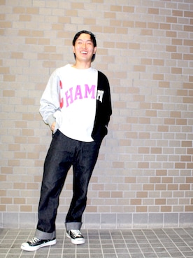 「Champion（チャンピオン）のアイテム（スウェット、ホワイト系）」を使った、ひらこーさん（メンズ・172cm）の春コーディネート