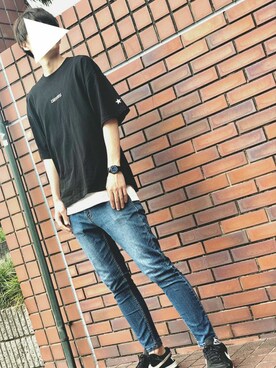 「CONVERSE（コンバース）の▽WEB限定 CONVERSE/コンバース 別注ロゴ刺繍 半袖 ビッグシルエットカットソー（Tシャツ/カットソー、ブラック系）」を使った、MCMCさん（メンズ・178cm）の夏コーディネート