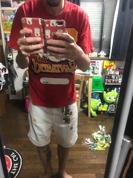 「SANTASTIC!（サンタスティック）のアイテム（Tシャツ/カットソー、レッド系）」を使った、Homare kanefukuさん（メンズ・174cm）の夏コーディネート
