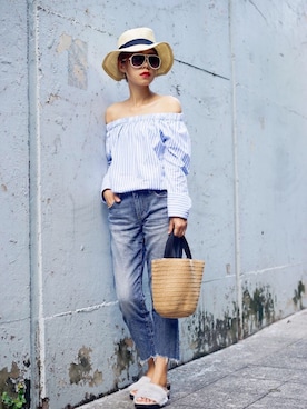 「H&M（エイチ・アンド・エム）のアイテム（サンバイザー）」を使った、丝摩木易さん（レディース・157cm）の春コーディネート