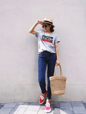 「H&M（エイチ・アンド・エム）のアイテム（サンバイザー）」を使った、丝摩木易さん（レディース・157cm）の夏コーディネート