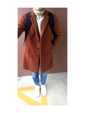 「アイテム（チェスターコート、ブラウン系）」を使った、はっしーさん（メンズ・173cm）の秋コーディネート