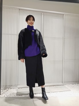 「パープル×黒」｜「アイテム（その他アウター）」を使った、Risako Iidaさん（レディース・169cm）の冬コーディネート