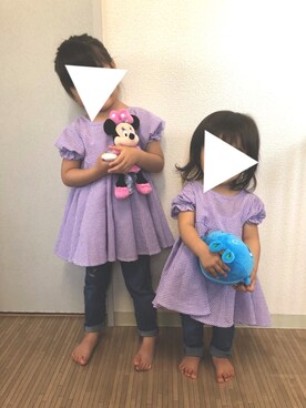 「b・ROOM（ビールーム）のギンガムチェックペプラム半袖ブラウス（シャツ/ブラウス、パープル系）」を使った、po-nさん（キッズ・110cm）の春コーディネート