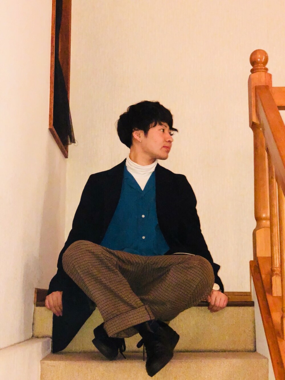 「千鳥格子パンツ、プチプラ、きれいめカジュアル、革靴、ワイドパンツ、アディダス(adidas)、千鳥格子、GU、henrylondon、いいね、save、フォローお願いします🤑」｜「GLOBAL WORKのストレッチウールトラウザー/777041（その他パンツ、ブラウン系）」を使った、CHAMUさん（メンズ・169cm）の春コーディネートの1枚目の写真